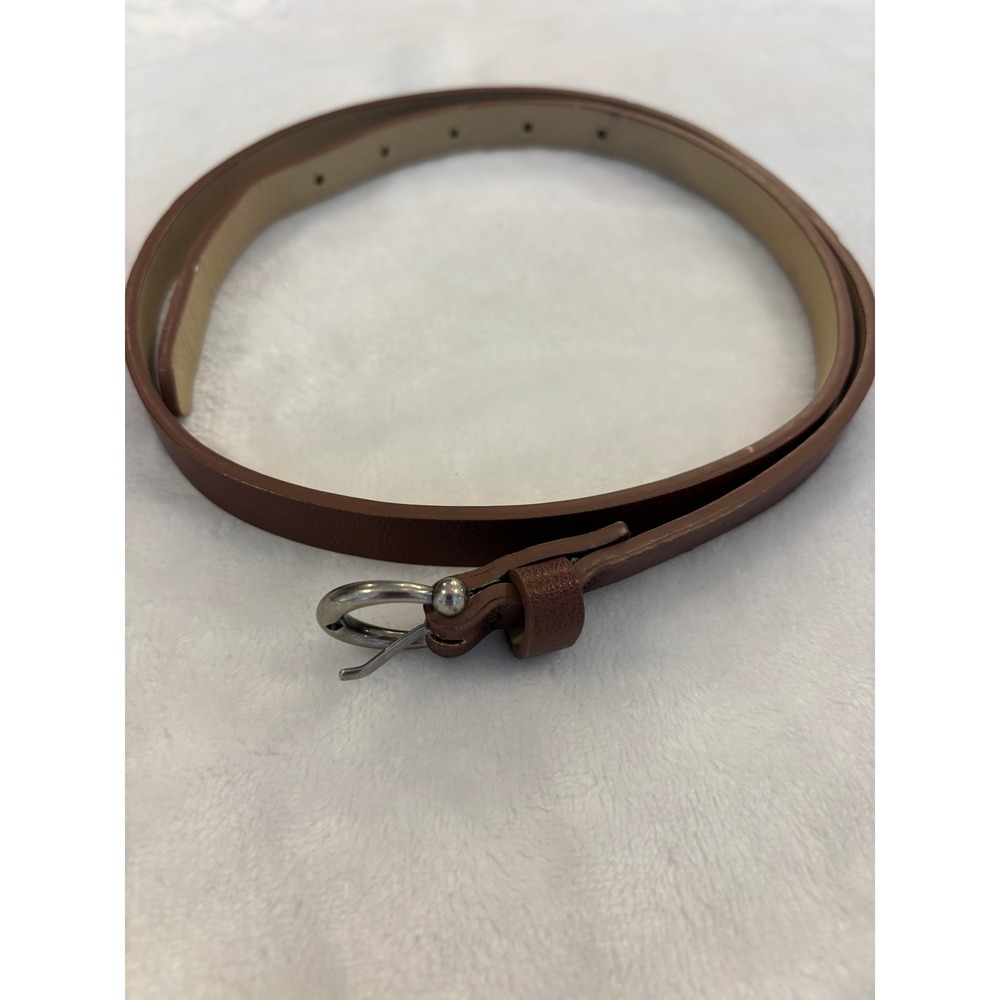 Womens Skinny Cognac Brown Faux Leather Belt Silver Horseshoe Buckle 38 Inch